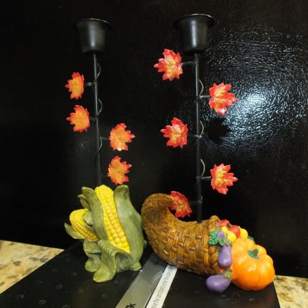 Vintage Thanksgiving Cornucopia Maple Leaf Taper Candle Holder Set 2 Metal Resin